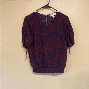 Michael Kors Boxy Puff Sleeve Blouse in Blue and Red